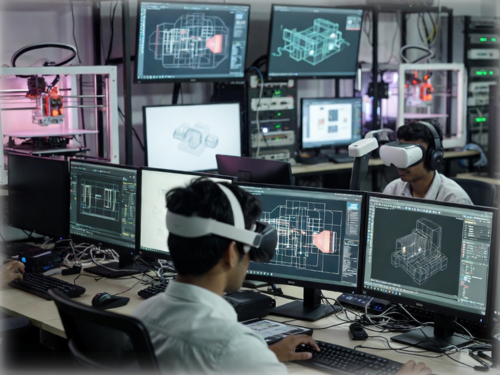 3D computer lab workstation row