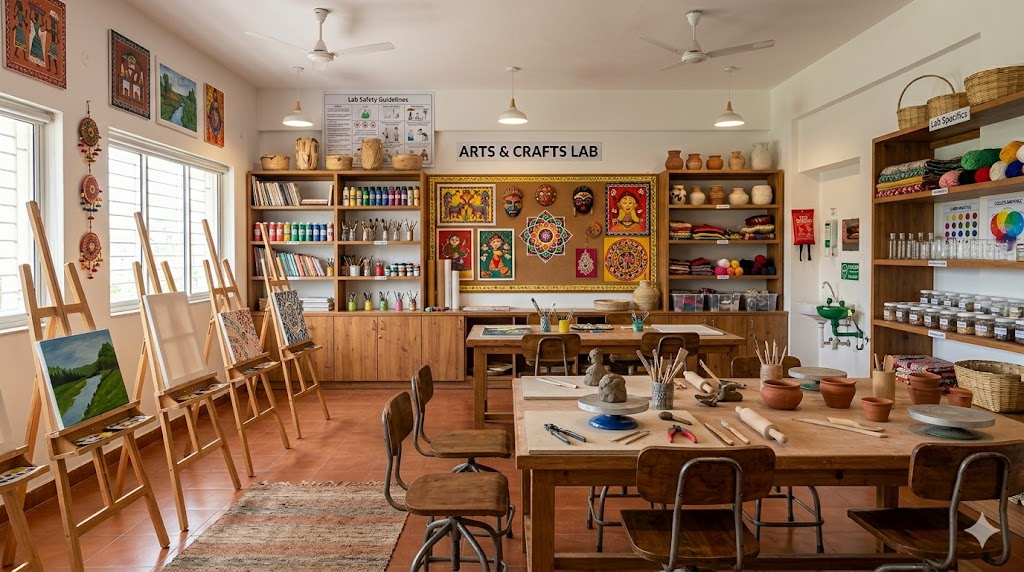Well-equipped school arts and craft lab with tools and workstations