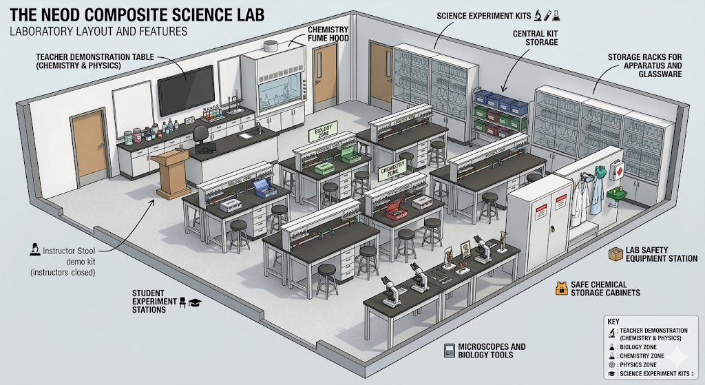 Fully equipped Neod science lab with student workstations and storage racks