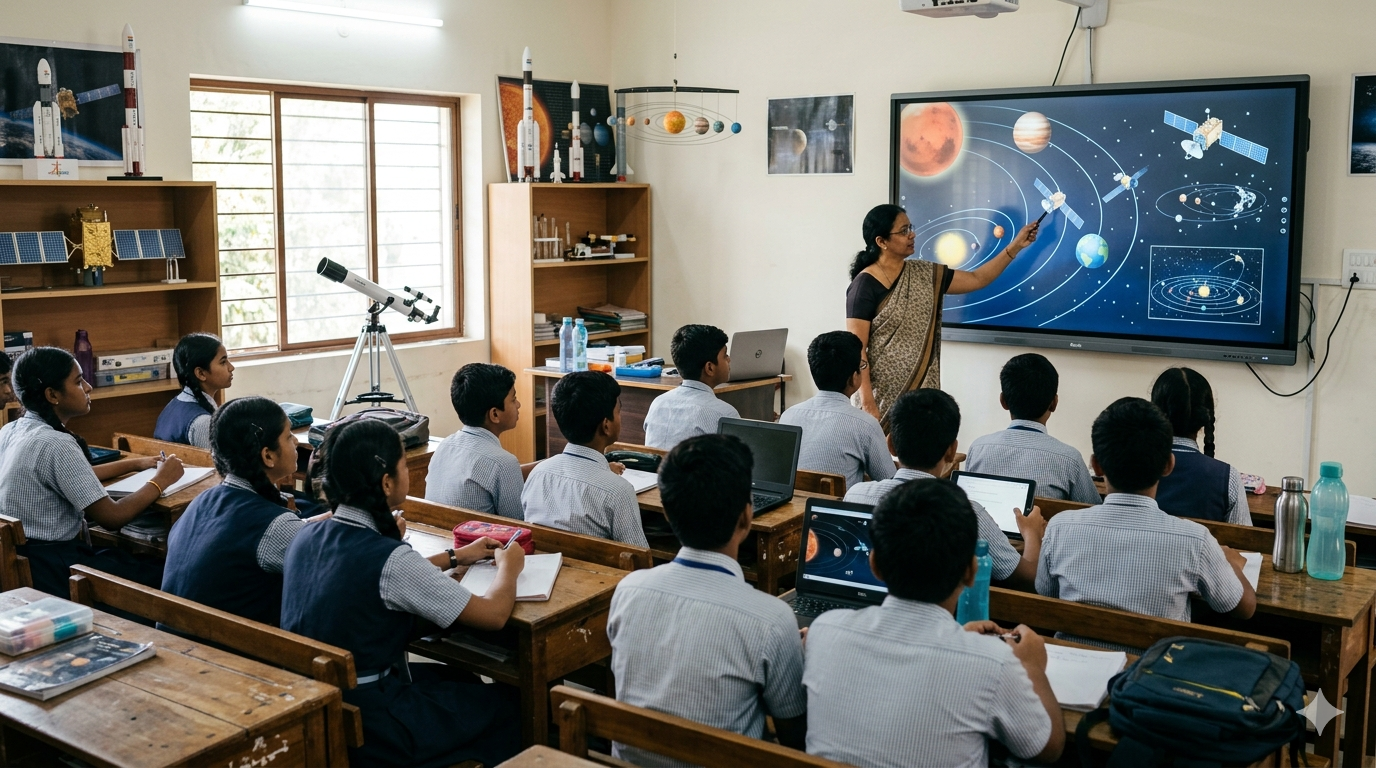 Students using telescope for astronomy observation at school