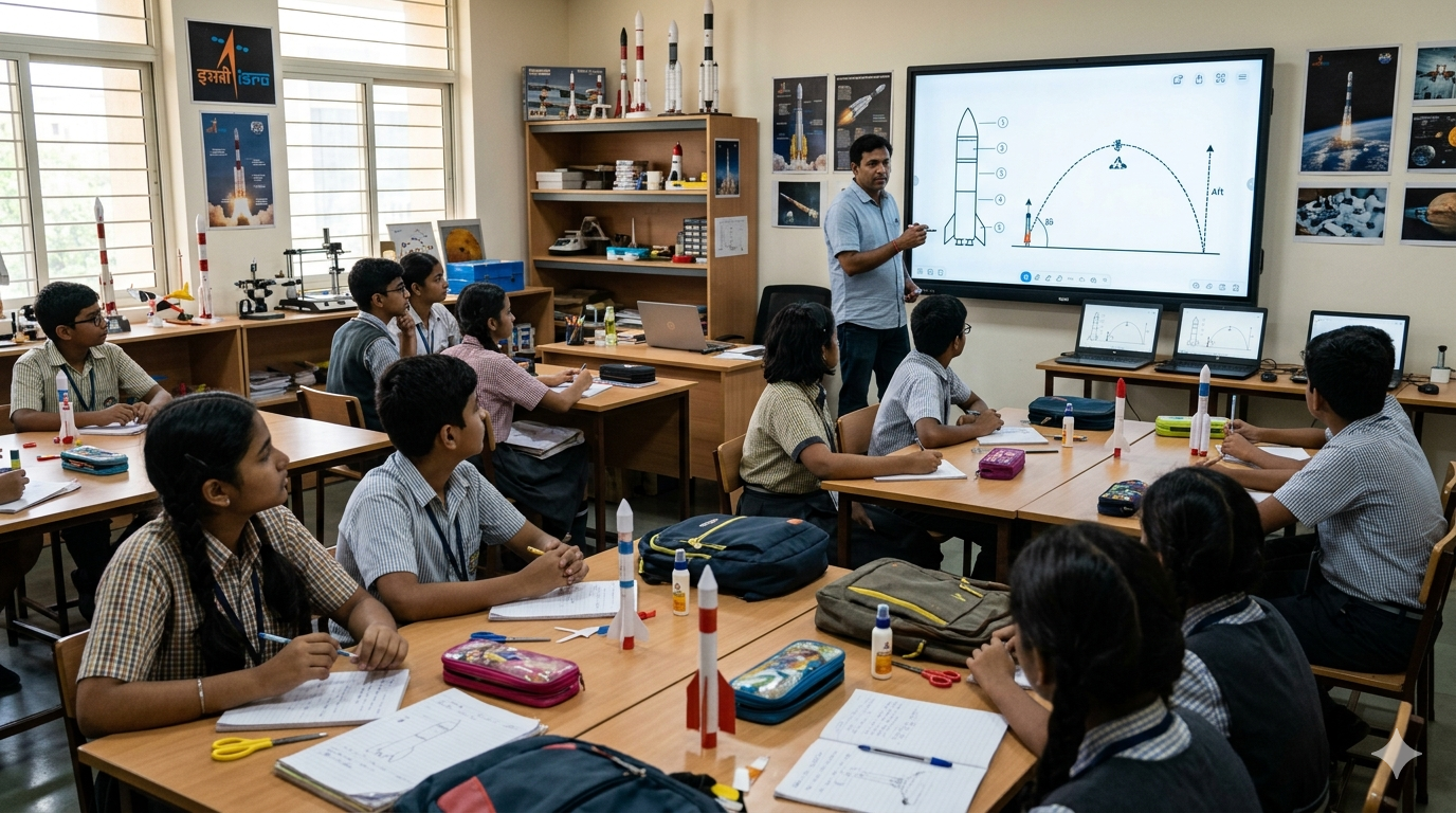 Students building and assembling rocket models in science lab