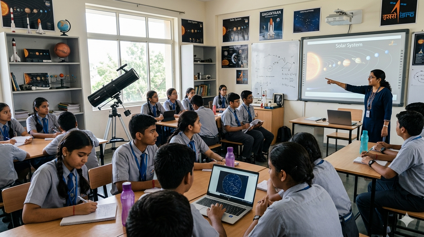 Student looking through telescope at night sky astronomy